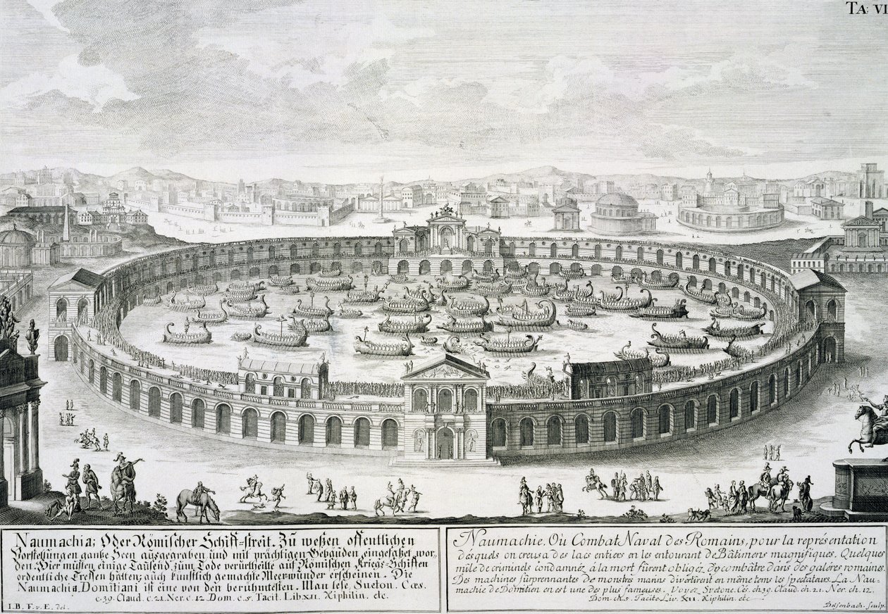 Rekonstrukcja rzymskiej bitwy morskiej z "szkicowego architekta historycznego", ryt. Johann Adam Delsenbach (1687-1765), 1721 autorstwa Johann Bernhard Fischer von Erlach