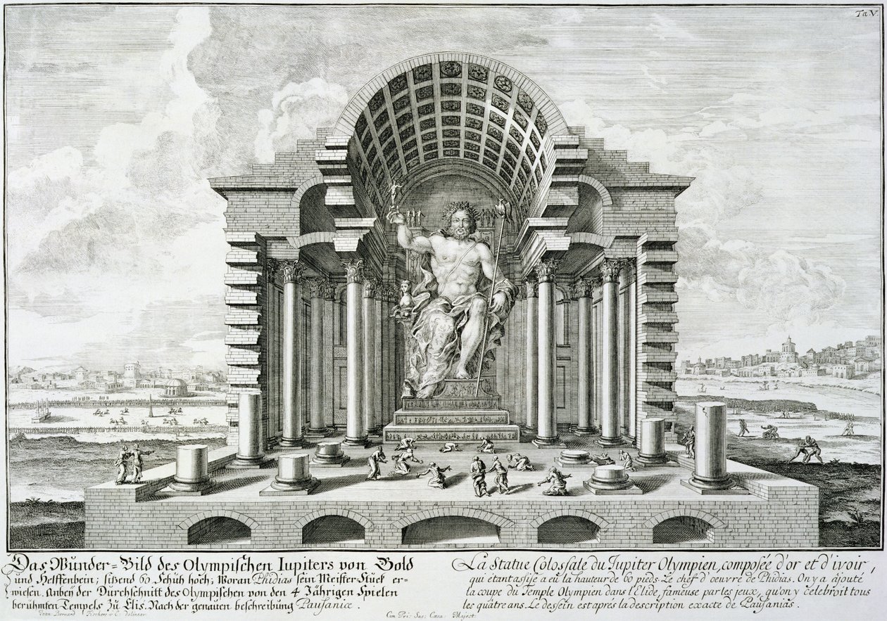 Posąg Zeusa Olimpijskiego, wykonany przez Fidiasza w złocie i kości słoniowej, narysowany według dokładnego opisu Pauzaniasza (143-176 n.e.), z "Entwurf einer historischen Architektur", 1721 r. autorstwa Johann Bernhard Fischer von Erlach