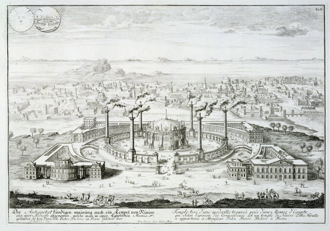 Świątynia skopiowana z projektu na medalu znalezionym obok egipskiej mumii, z „Entwurf einer historischen Architektur”, 1721 autorstwa Johann Bernhard Fischer von Erlach