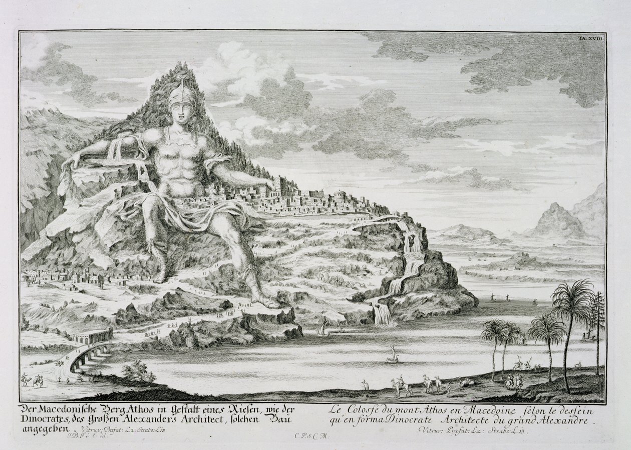 Kolos z Góry Athos, Macedonia, projekt Dinokratesa, architekta Aleksandra Wielkiego, tablica 18 z „Entwurf einer historischen Architektur”, sztychowana przez Johanna Adama Delsenbacha (1687-1 autorstwa Johann Bernhard Fischer von Erlach