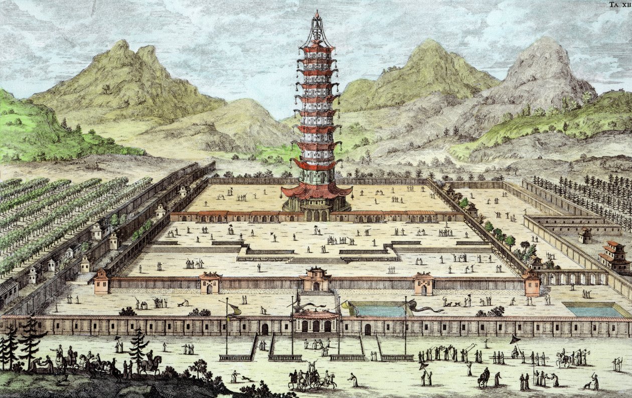 Porcelanowa Wieża Nankińska, tablica 12 z „Projekt architektury historycznej”, ryt. Johann Adam Delsenbach (1687-1765) 1721 (późniejszy kolor) autorstwa Johann Bernhard Fischer von Erlach