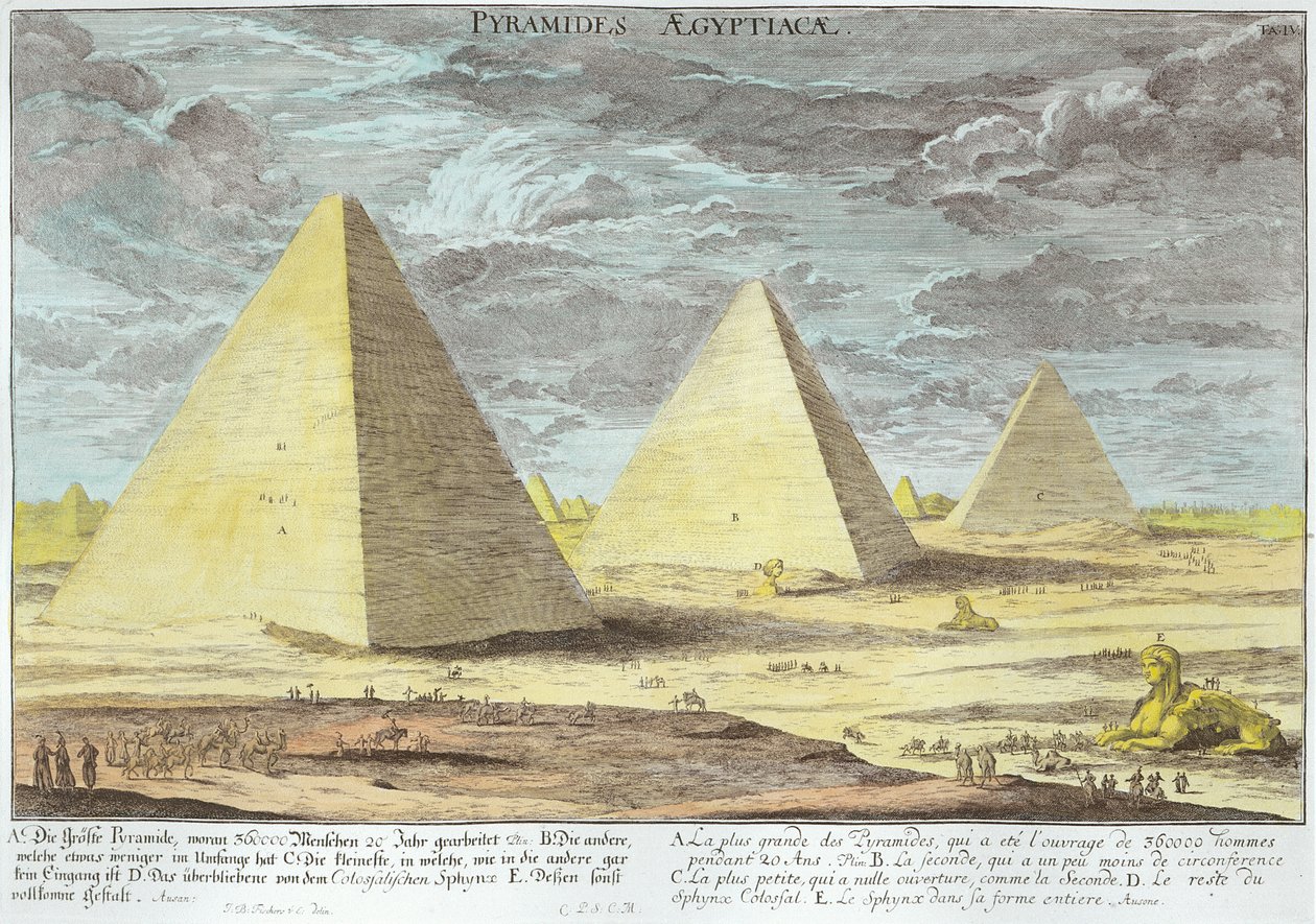 Piramidy egipskie, tablica 4 z "Entwurf einer historischen Architektur", rycina Johanna Adama Delsenbacha (1687-1765) 1721 (późniejsza koloryzacja) autorstwa Johann Bernhard Fischer von Erlach