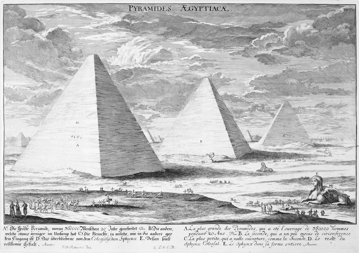 Piramidy w Egipcie, tablica 4 z "Projekt architektury historycznej", ryt Johann Adam Delsenbach (1687-1765) 1721 autorstwa Johann Bernhard Fischer von Erlach