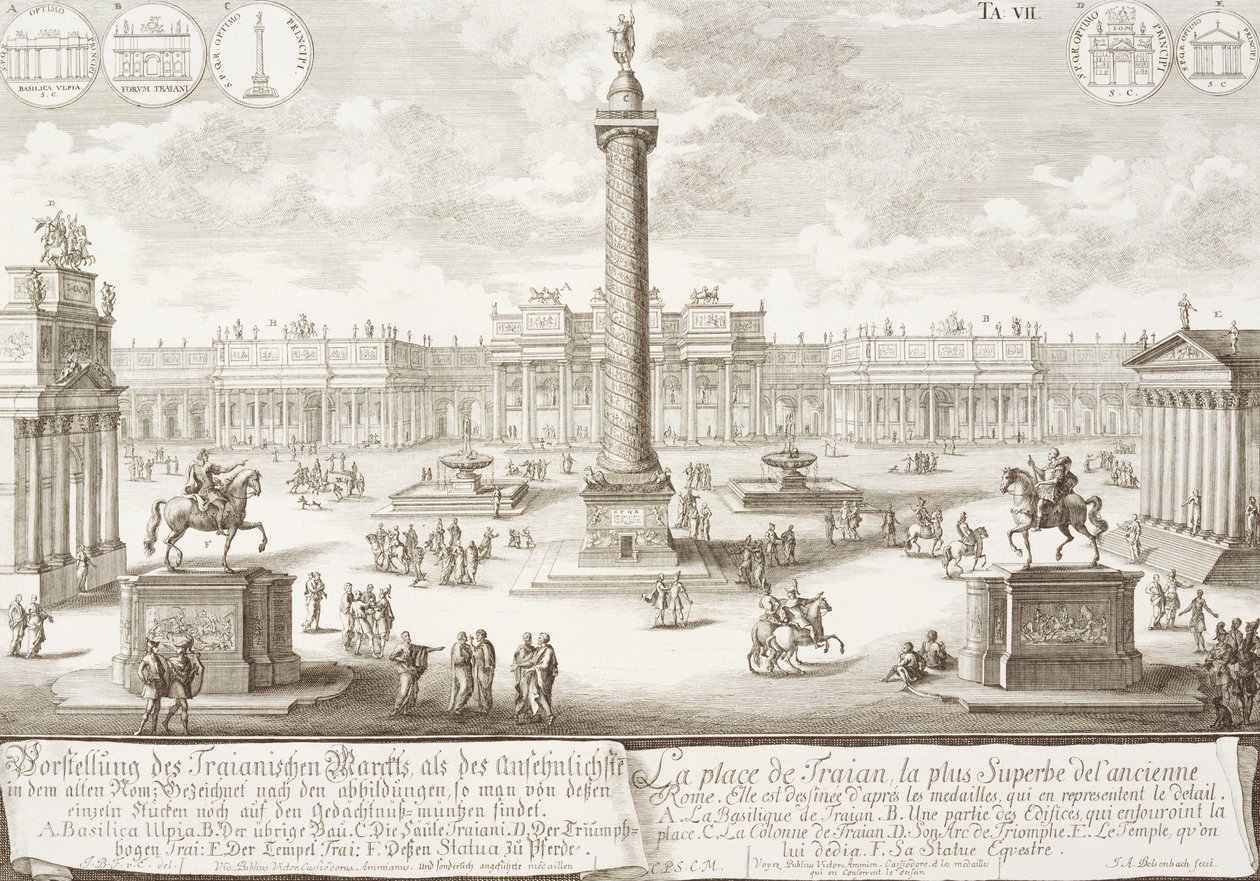 Plac Trajana Rzym, z „Szkic architektury historycznej”, rytowany przez Johanna Adama Delsenbacha (1687-1765), 1721 autorstwa Johann Bernhard Fischer von Erlach