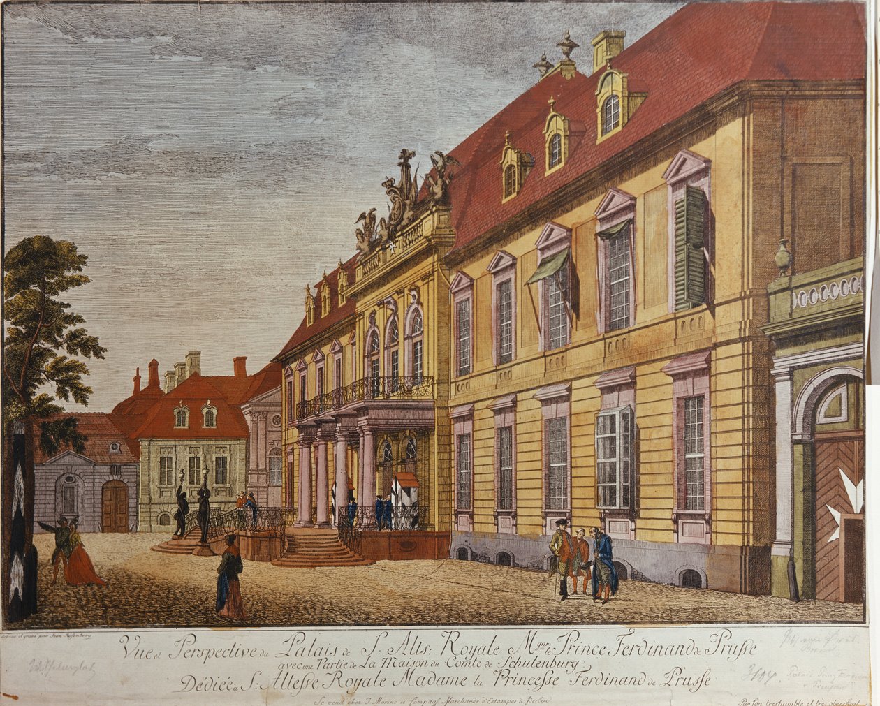 Pałac Księcia Ferdynanda Pruskiego w Berlinie (ręcznie kolorowany grawerunek) autorstwa Johann Carl Wilhelm Rosenberg