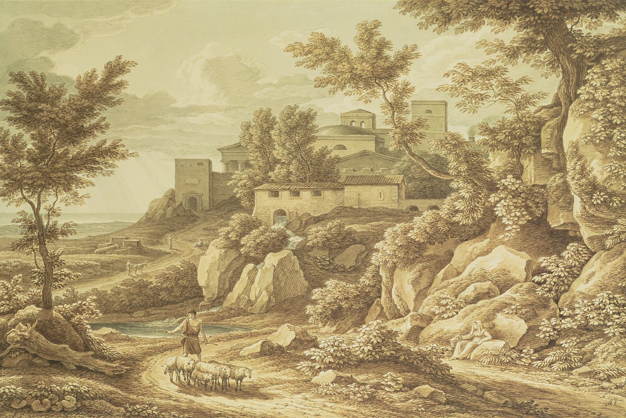 Pejzaż klasyczny z pasterzem, 1828 (pióro i atrament, pranie, ołówek i wc) autorstwa Johann Christian Reinhart