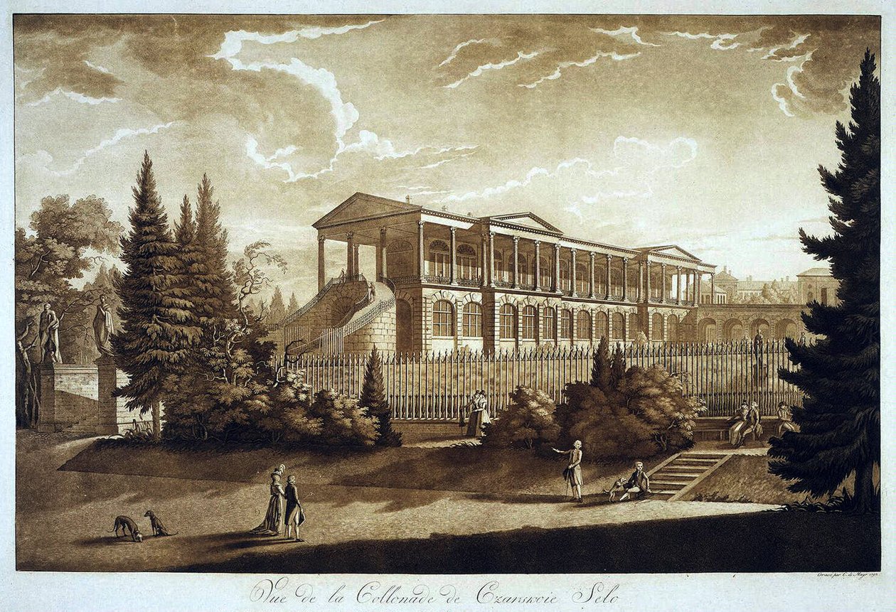Widok Galerii Cameron w Carskim Siole, 1793 (akwatinta) autorstwa Johann Christoph Mayr