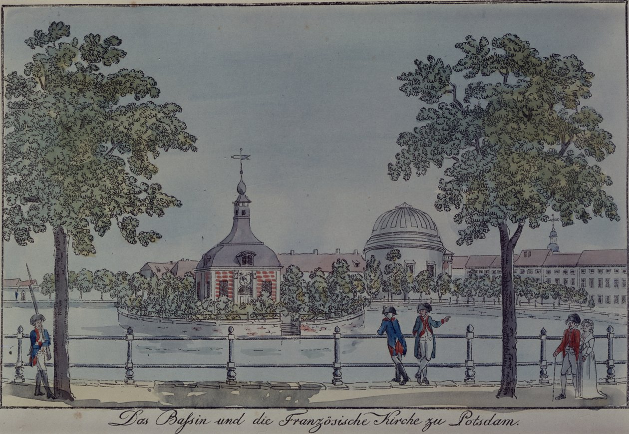 Basen i kościół francuski w Poczdamie, ok. 1796 (pióro i atrament i toaleta na papierze) autorstwa Johann Friedrich Nagel