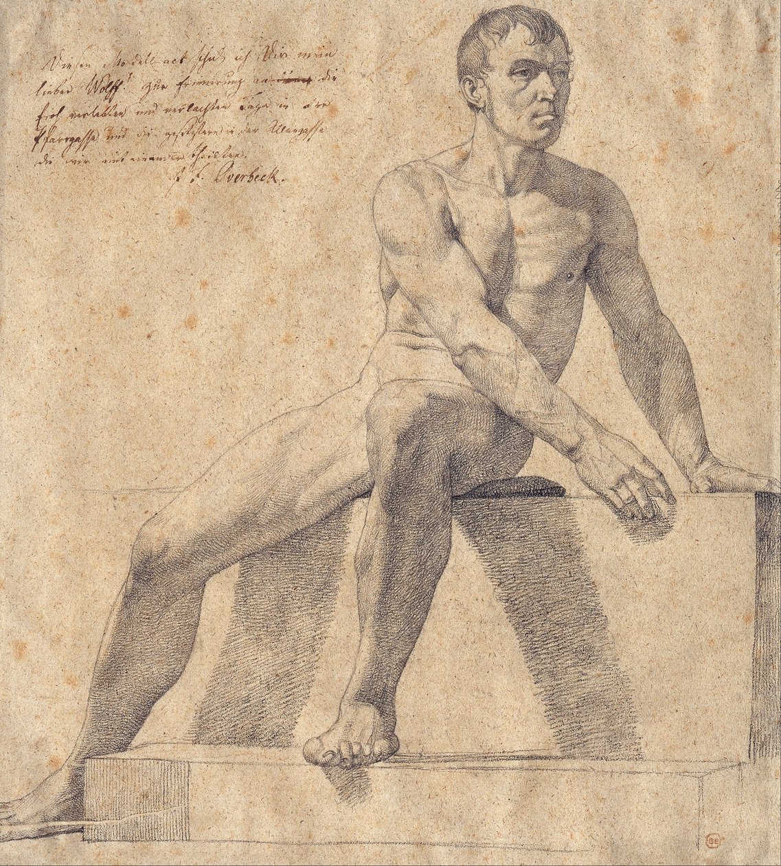 Akt męski siedzący na piedestale autorstwa Friedrich Overbeck