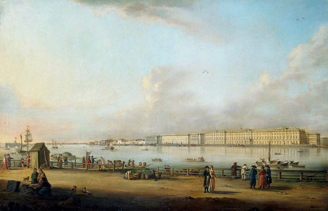 Widok Pałacu Zimowego z Wyspy Wasiljewskiej, 1796 autorstwa Johann Georg Mayr