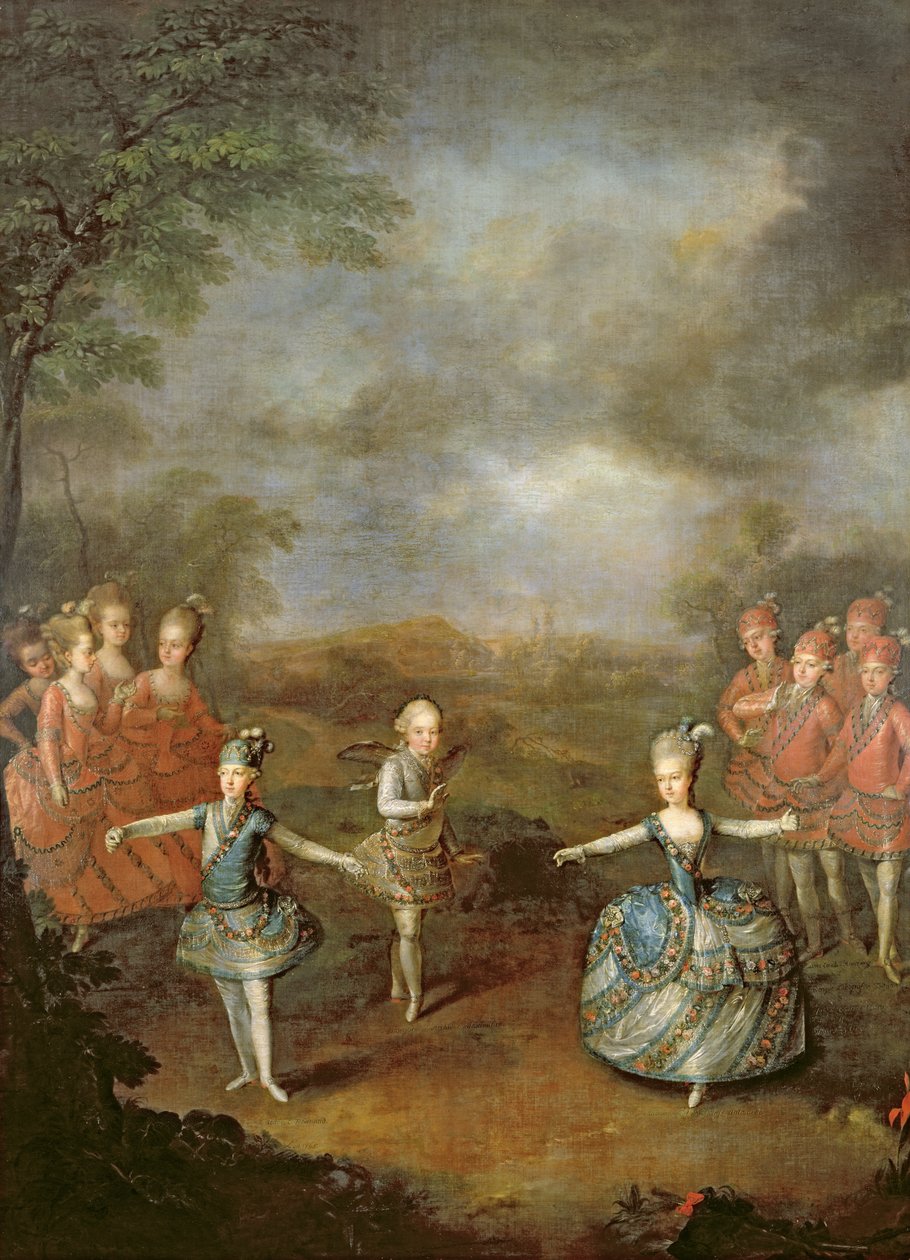Maria Antonina i jej siostry w „Il Trionfo dell” Amore, wykonanym 25 stycznia w Pałacu Schoenbrunn, 1765, 1778 autorstwa Johann Georg Weikert