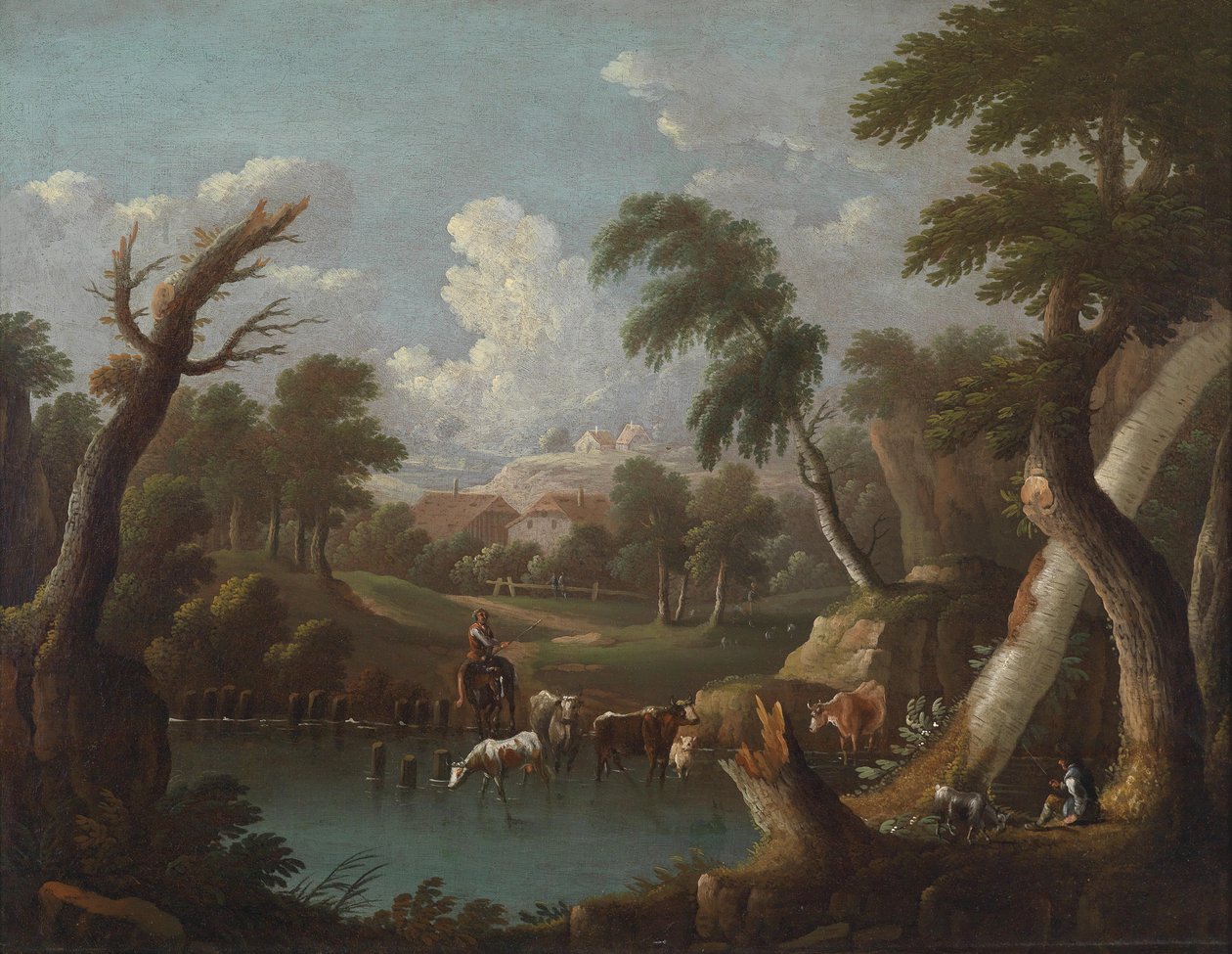 Górzysty krajobraz z pijącym bydłem nad stawem autorstwa Johann Georg von Bemmel