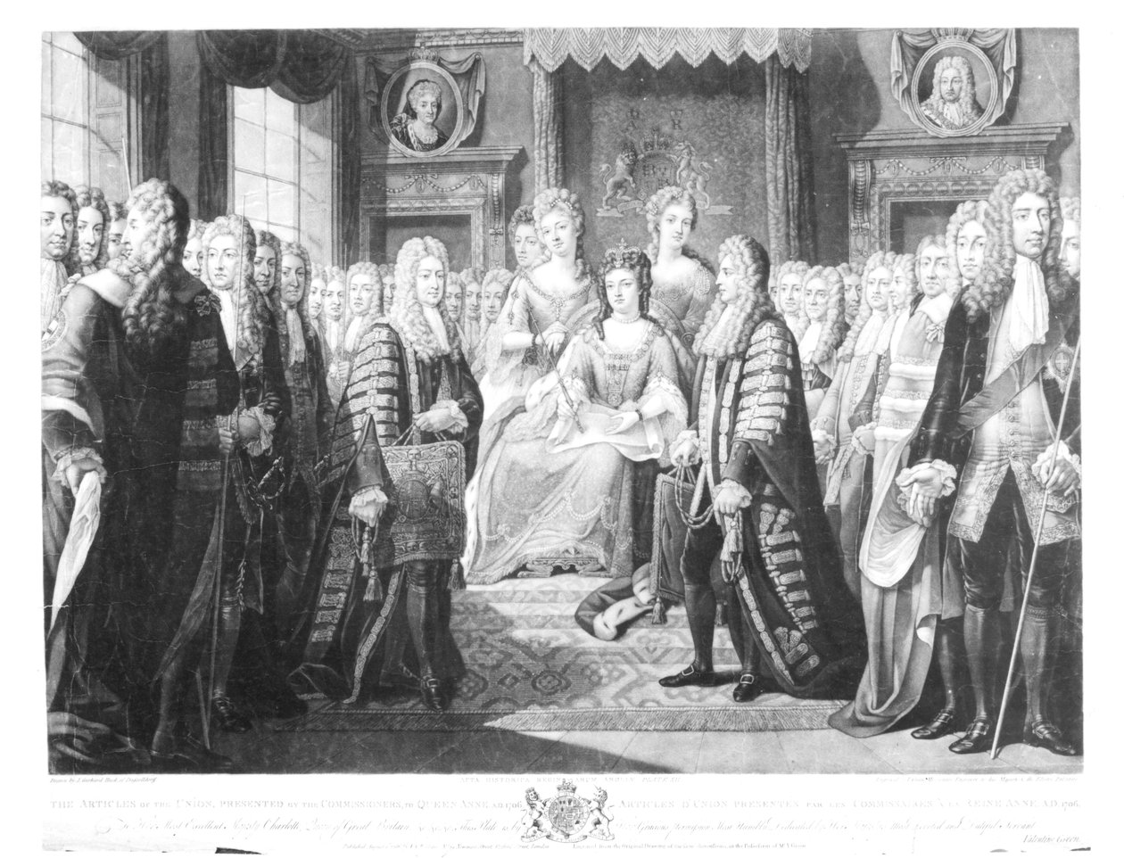 Statuty Unii przedstawione przez komisarzy królowej Annie, 1706, tablica 12 z „Działań historycznych królowych Anglii”, sztychowana przez Valentine