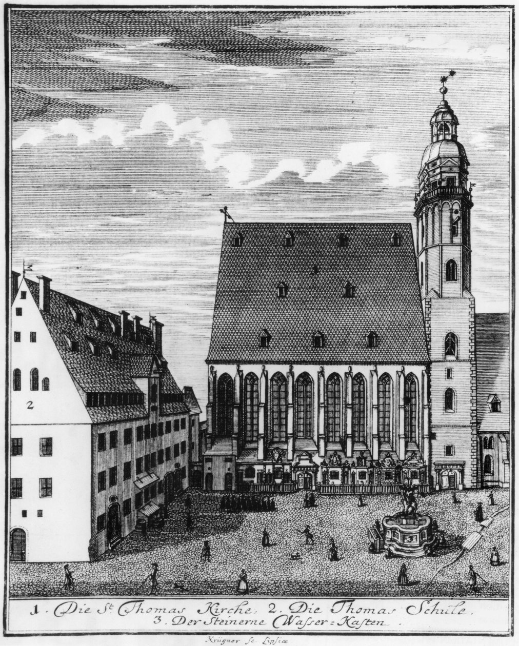 Kościół i szkoła św. Tomasza w Lipsku, 1723 r. autorstwa Johann Gottfried Krugner