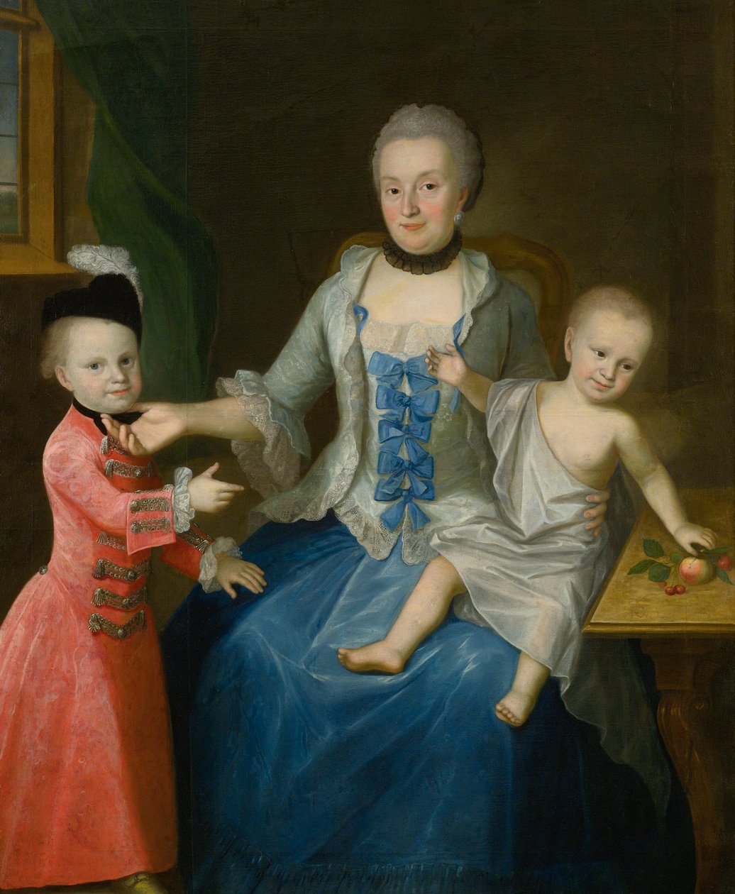 Portret Friederiki Adolphiny, hrabiny Schlieben i jej dwóch synów, Gotthelf Sigismund i Adolf Friedrich autorstwa Johann Gottlieb Becker