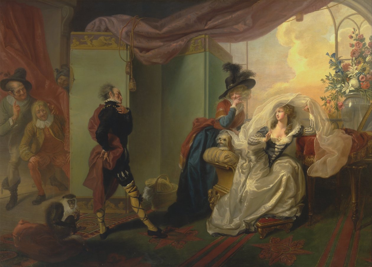 Olivia, Maria i Malvolio z XII nocy, Akt III, Scena IV autorstwa Johann Heinrich Ramberg