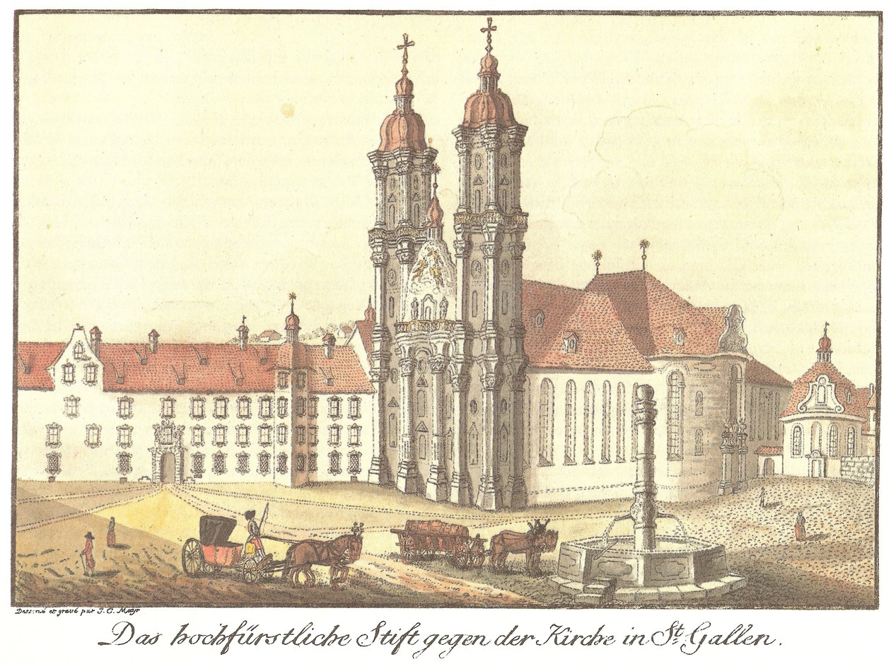 Wysoki klasztor książęcy na tle kościoła w St. Gallen (tytuł oryginalny) autorstwa Johann Konrad Mayr