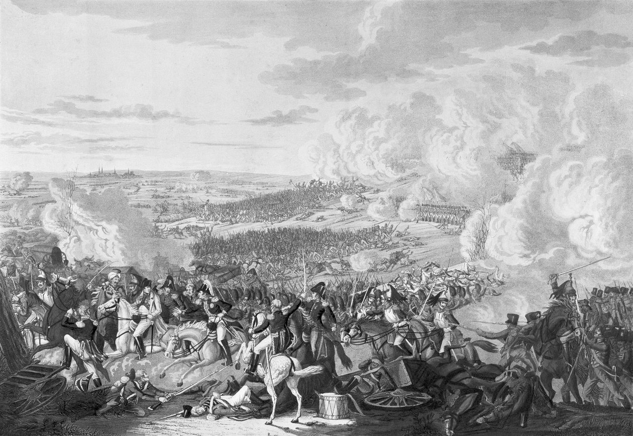 Lot Napoleona w bitwie pod Waterloo, 18 czerwca 1815, 1816 (akwatinta) autorstwa Johann Moritz Rugendas