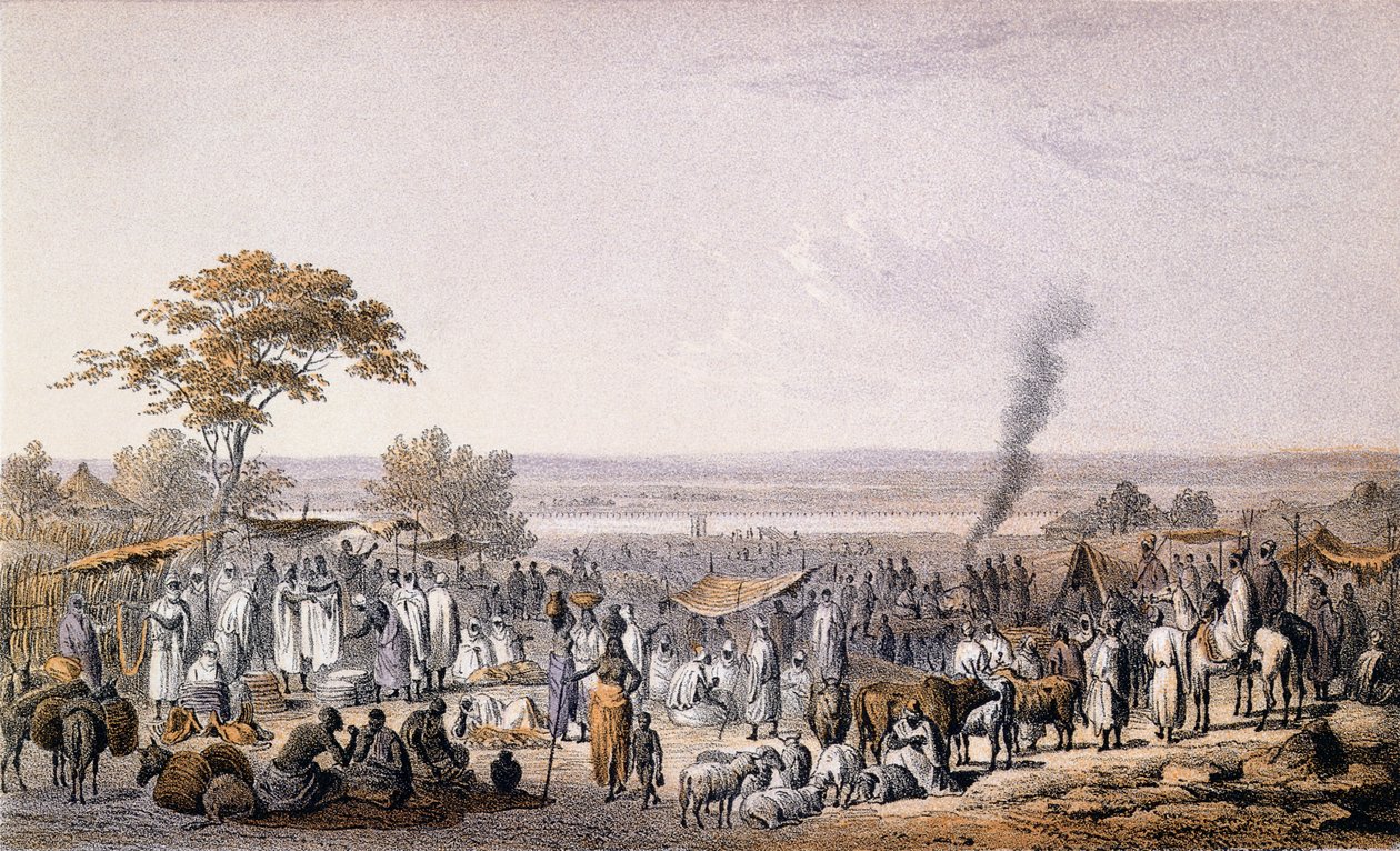 Targ w Sokoto w 1853 r., z „Podróże i odkrycia w Afryce Północnej i Środkowej” Heinricha Bartha (1821-65) rycina Eberharda Emmingera (1808-85) opublikowana w 1857 r. (kolorowa rycina) autorstwa Johann Martin Bernatz