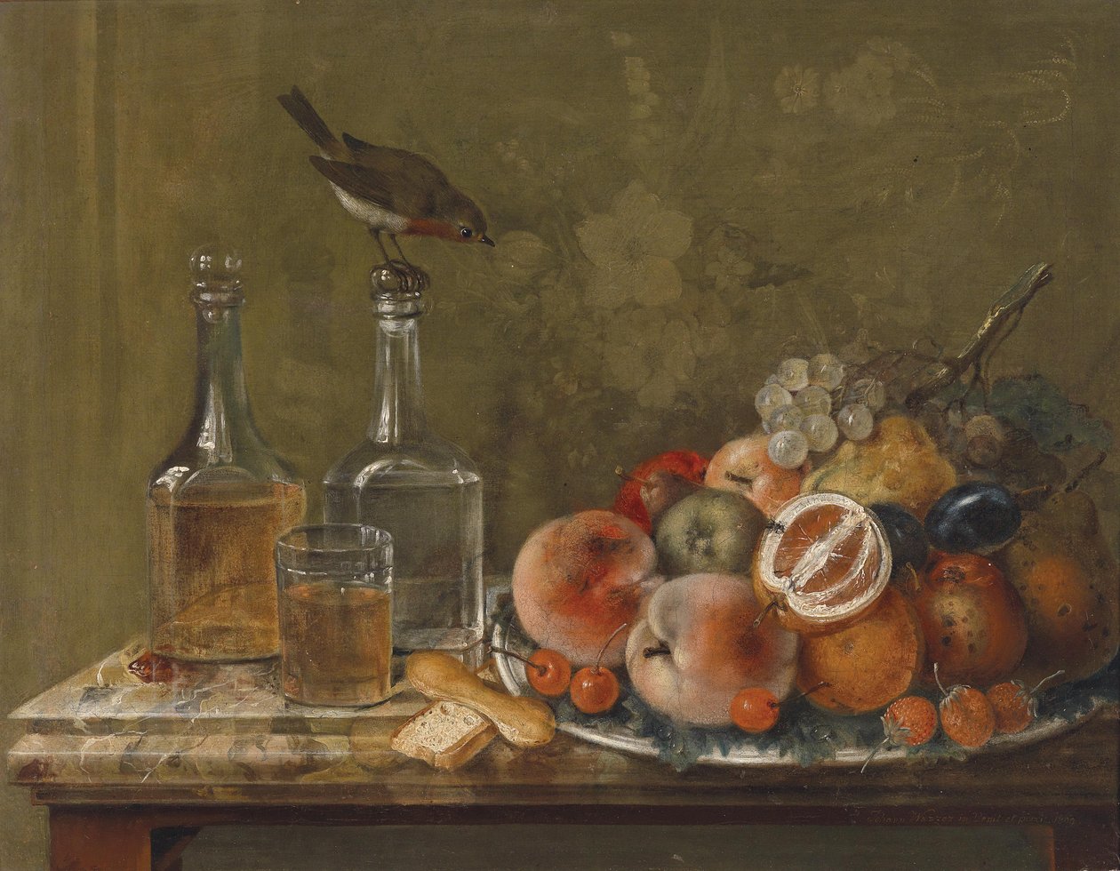 Martwa natura z owocami i szklanymi karafkami autorstwa Johann Matthias Wurzer