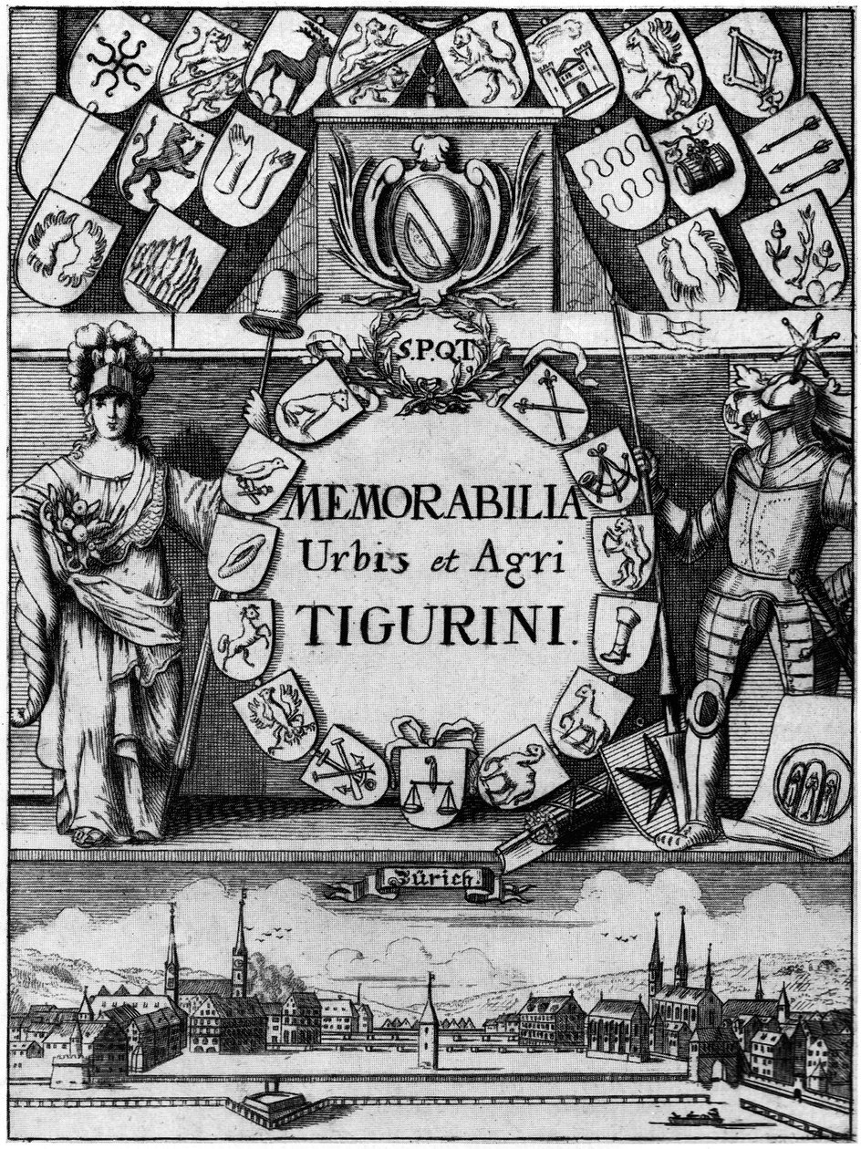 Tytuł miedziany trzeciego, rozszerzonego wydania Hansa Heinricha Bluntſchlisa Memorabilibus Tigurinis, wydanego w 1742 roku autorstwa Johann Melchior Füßli