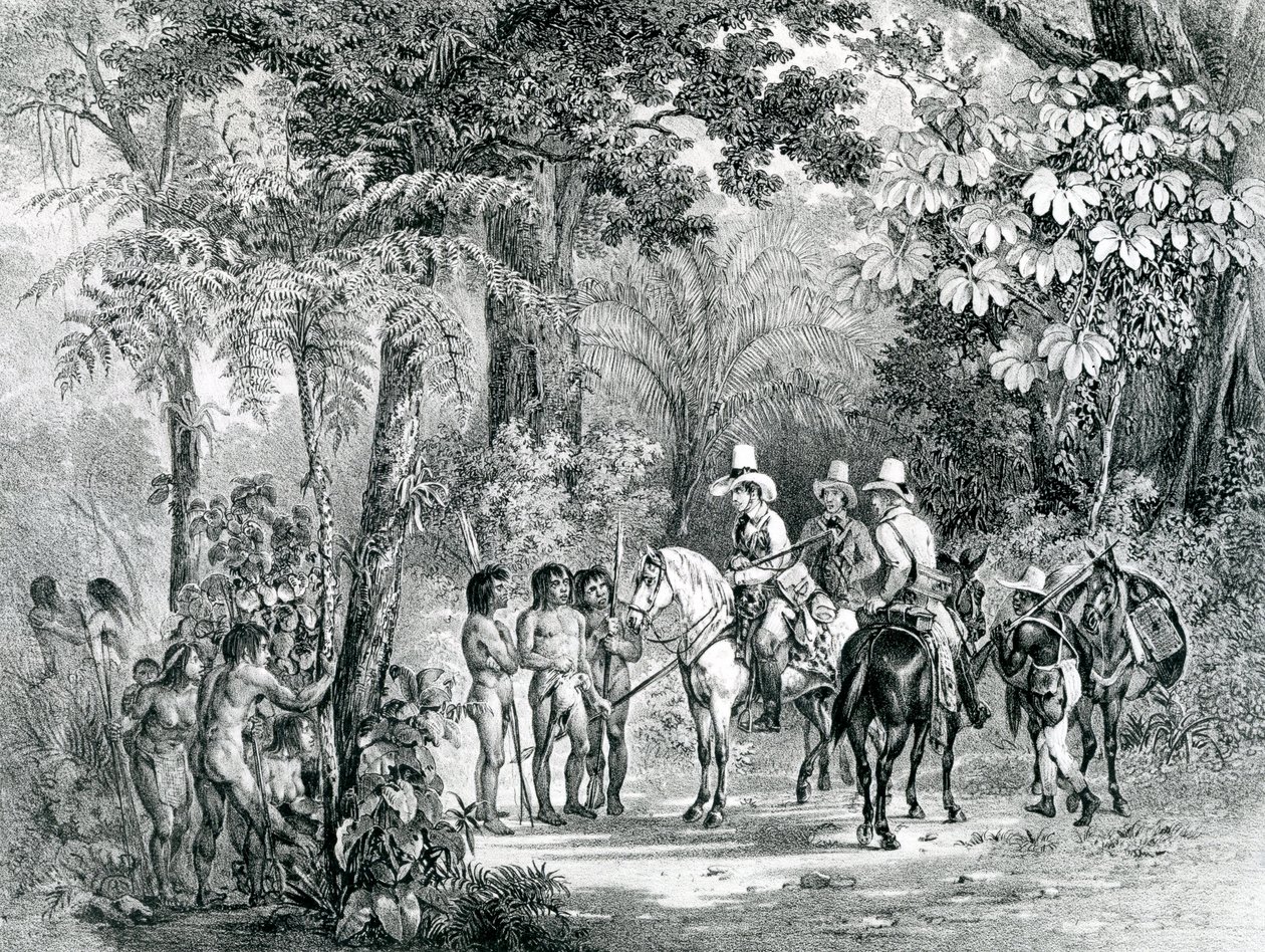 Spotkanie Indian z europejskimi odkrywcami z "Malowniczej podróży do Brazylii", 1827-35 autorstwa Johann Moritz Rugendas
