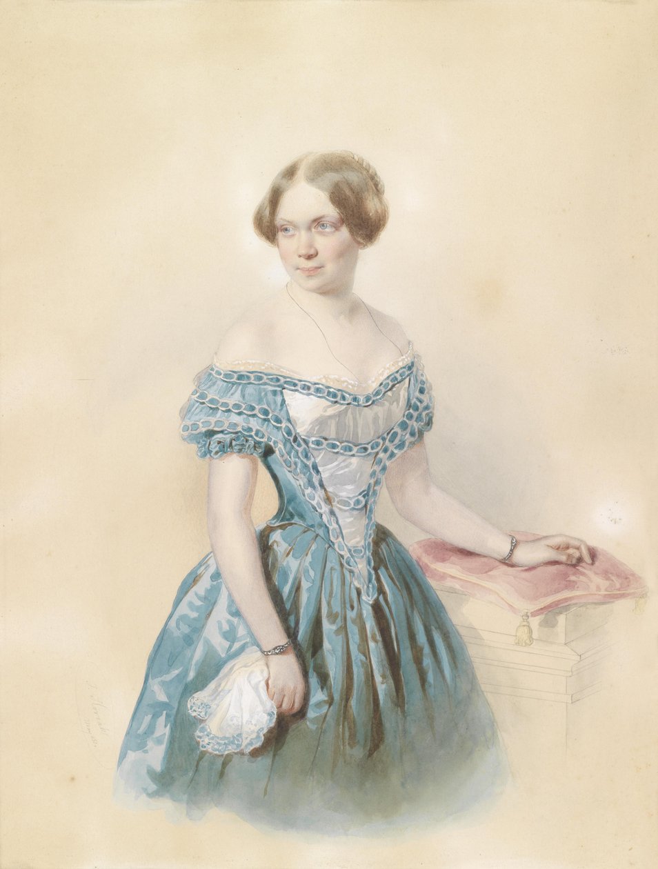 Portret młodej kobiety w niebieskiej sukni, zgodnie z tradycją młodej Marie von Ebner Eschenbach autorstwa Johann Nepomuk Horrak