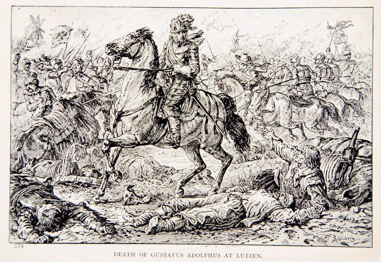 Śmierć Gustawa Adolfa w Lutzen, ilustracja z „Lew Północy: Opowieść o czasach Gustawa Adolfa i wojen religijnych” autorstwa G.A. Henty, wyd. Londyn autorstwa Johann Nepomuk Schonberg