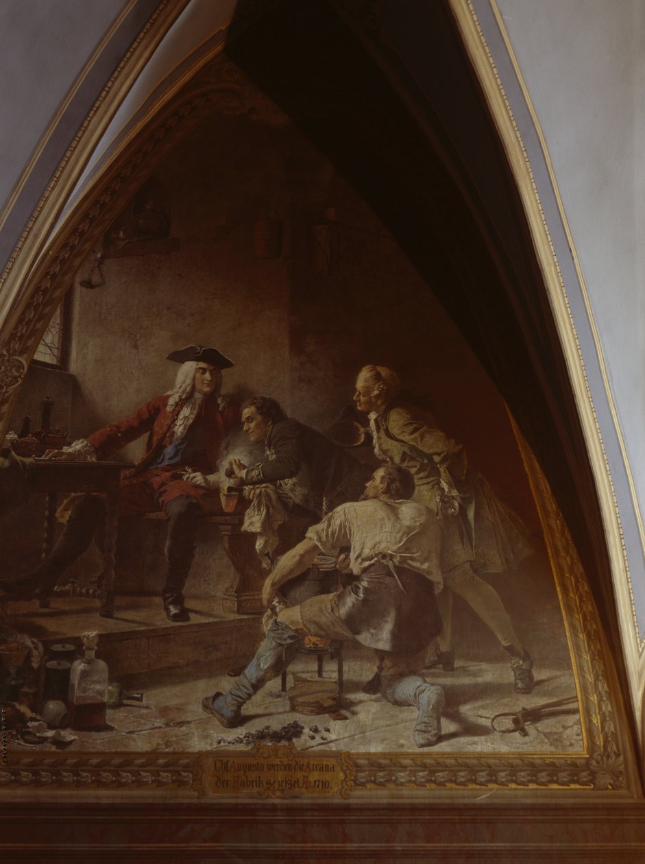 Boettger pokazuje Augustowi Mocnemu sekret wyrobu porcelany autorstwa Johann Paul Adolf Kiessling
