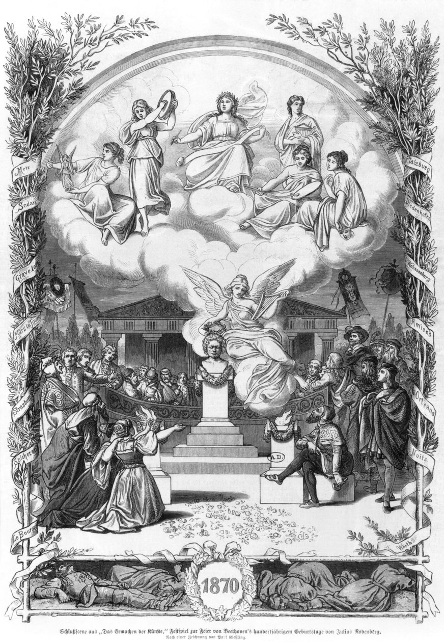 Scena finałowa „Przebudzenia sztuki”, sztuki Juliusa Rodenberga (1831-1914) w hołdzie Ludwigowi van Beethovenowi (1770-1827) z okazji obchodów stulecia jego urodzin, 1870 (bw pho autorstwa Johann Paul Adolf Kiessling
