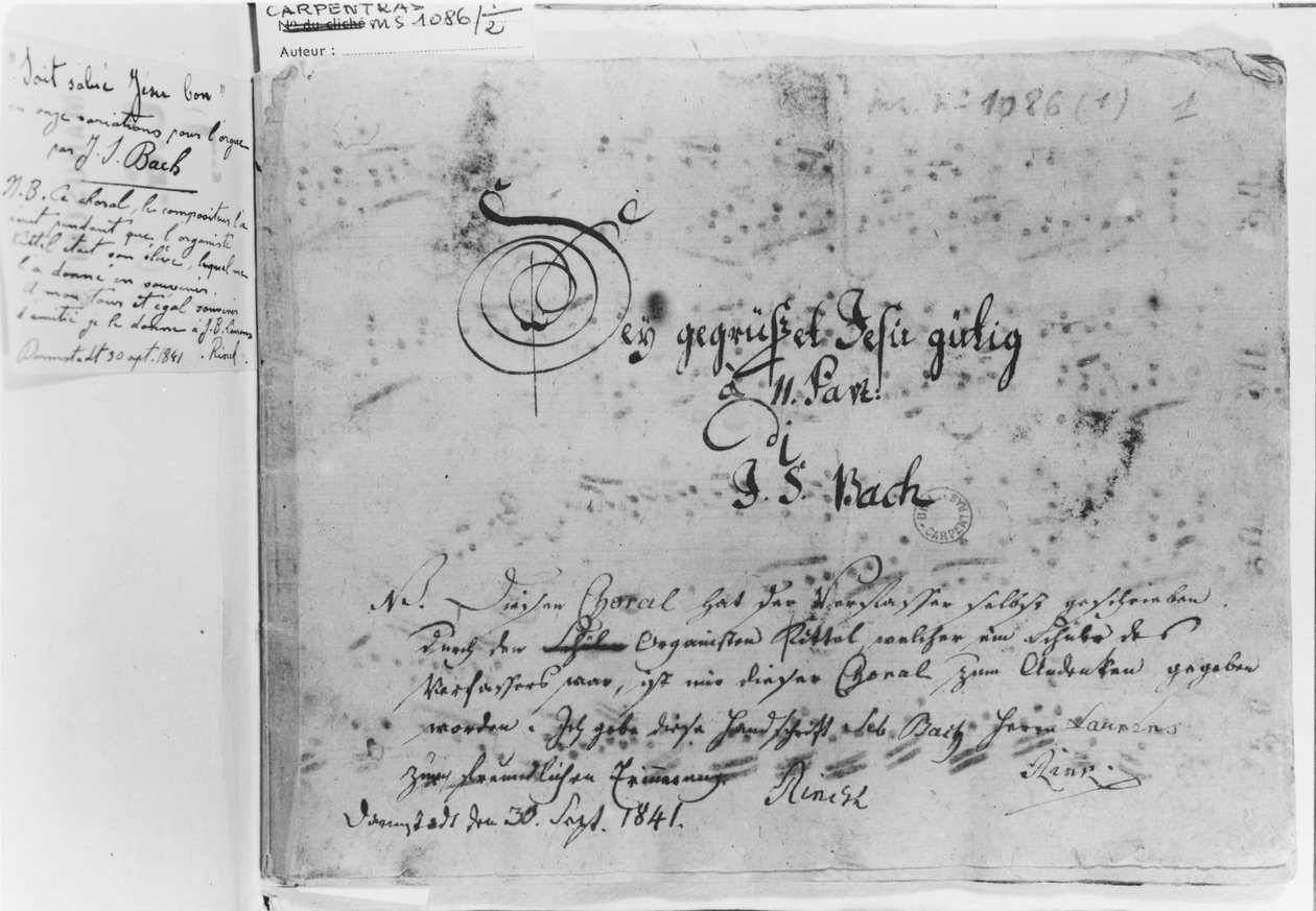 Wariacje chorałowe na organy Jana Sebastiana Bacha: „Sei gegrusset, Jesu gutig”, z tytułem i adnotacjami Rincka, nabywcy rękopisu w 1841 r. (ms 1086 k. 1) autorstwa Johann Sebastian Bach
