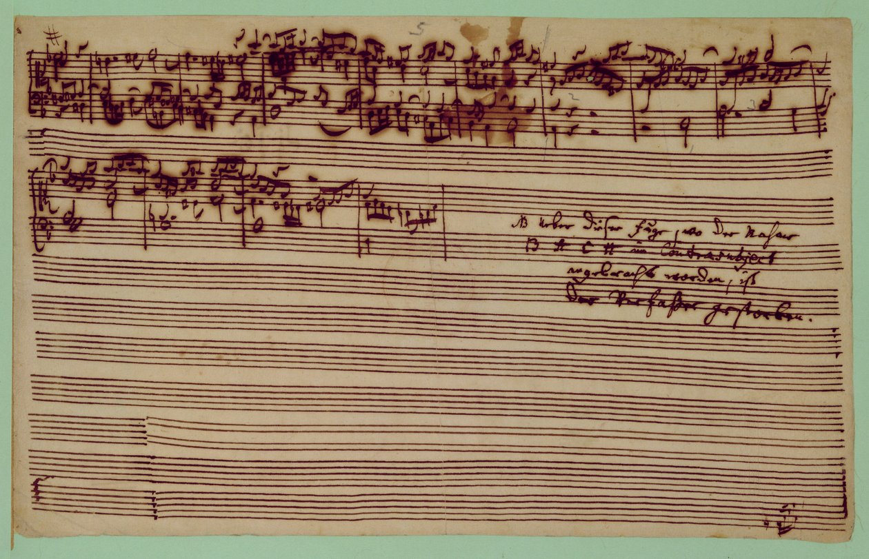 Ostatnia strona Sztuki fugi, lata czterdzieste XVIII wieku (pióro i atrament na papierze) autorstwa Johann Sebastian Bach