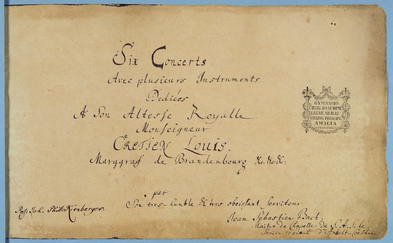 Strona tytułowa „Koncertów brandenburskich”, ok. 1721 (pióro i atrament na papierze) (patrz również 308426 i 308425) autorstwa Johann Sebastian Bach