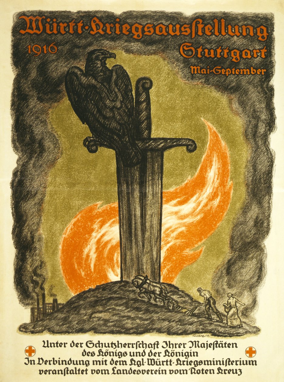 Plakat reklamujący wystawę wojenną sponsorowaną przez Czerwony Krzyż Württ Wystawa wojenna, 1916 Stuttgart maj-wrzesień, c.1916 autorstwa Johann Vincenz Cissarz