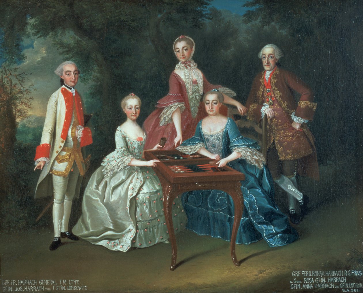 Grupowy portret rodziny Harrachów grających w tryktraka, w tym generała hrabiego Ferdynanda Harracha, hrabiego Ferdynanda Bonaventurę Harracha z Rosą, Anną i Józefiną autorstwa Johann Wilhelm Hoffnas or Hofnaas