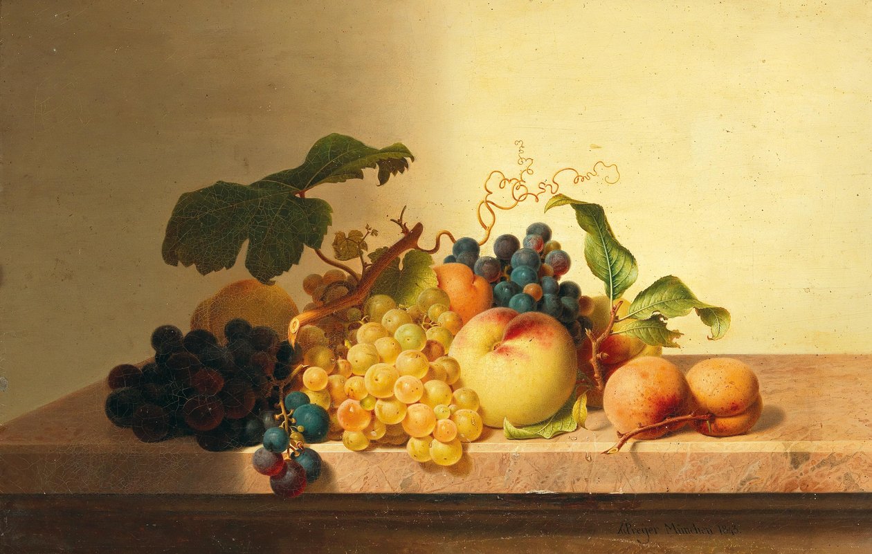 Martwa natura z winogronami, brzoskwiniami i morelami autorstwa Johann Wilhelm Preyer