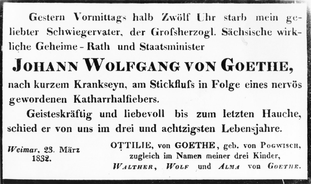 Zawiadomienie o śmierci Johanna Wolfganga von Goethego, 1832 (druk) autorstwa Johann Wolfgang von Goethe