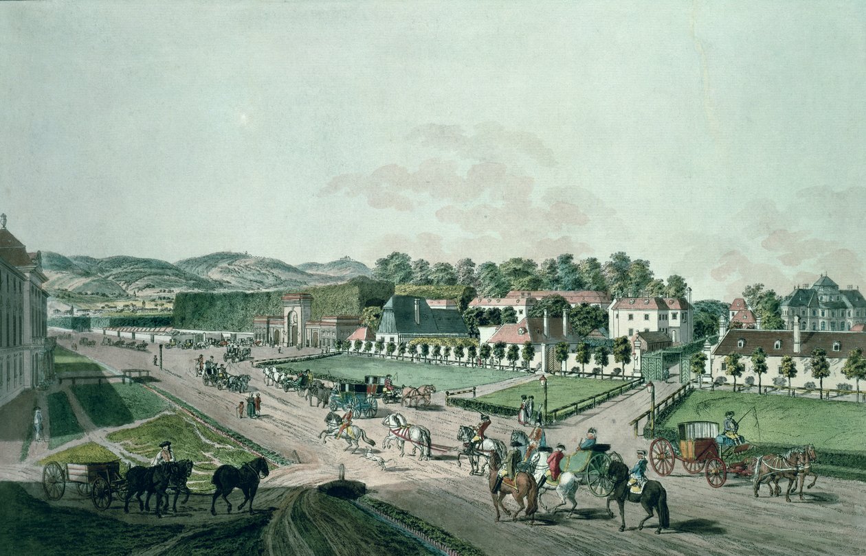 Widok na Pałac i Park Augarten, Wiedeń (ręcznie barwiony grawerunek) autorstwa Johann Ziegler