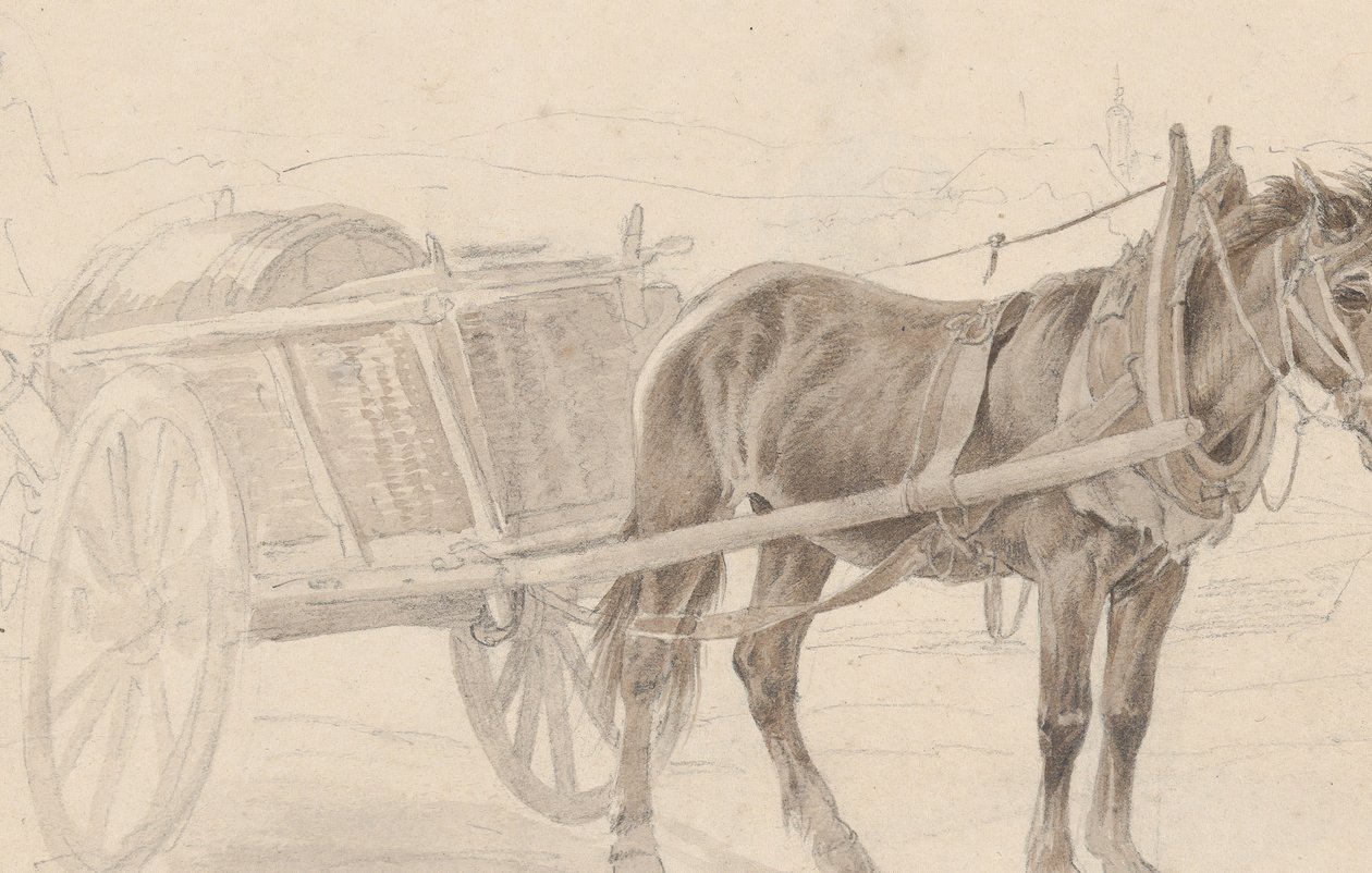 Wóz zaprzężony w brązowego konia przy słupie latarni, Verso: Grupa konnych, ok. 1930 r. 1815. autorstwa Johann Adam Klein