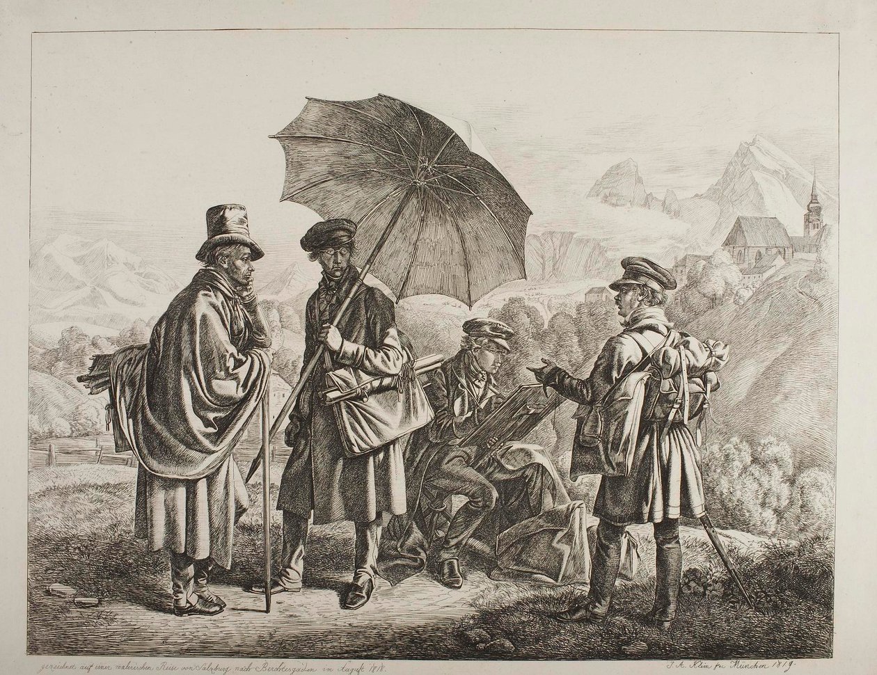 Ernst Welker, Johann Christoph Erhard oraz bracia Heinrich i Friedrich Philipp Reinhold podczas malowniczej podróży z Salzburga do Berchtesgaden w sierpniu 1818 roku autorstwa Johann Adam Klein