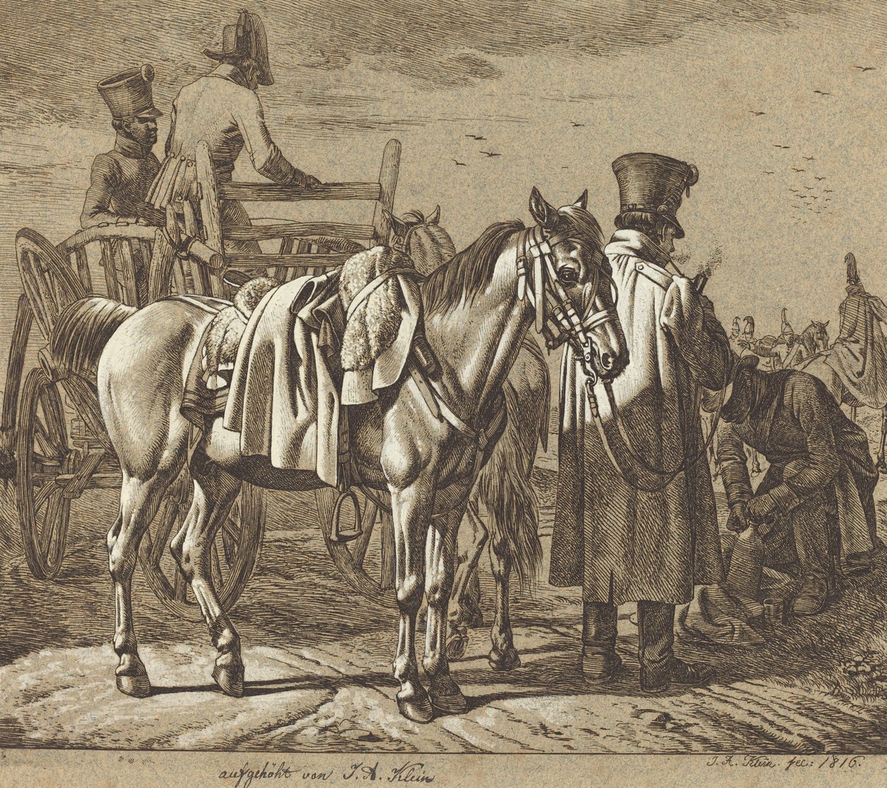 Koń z żołnierzami palący fajkę/scena wojskowa autorstwa Johann Adam Klein