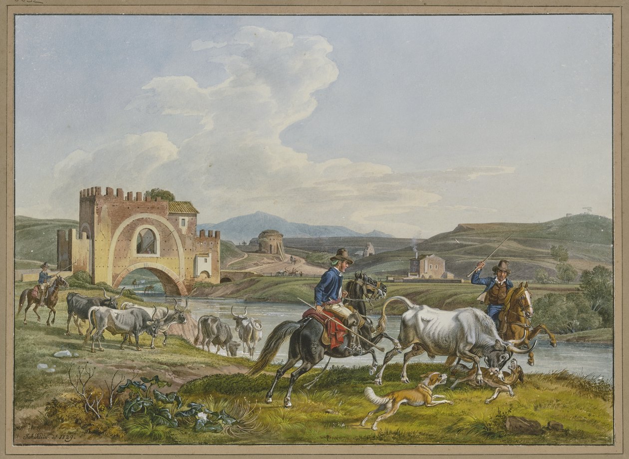 Rzymscy Campagnoli na koniach łapią byka z pomocą psów autorstwa Johann Adam Klein