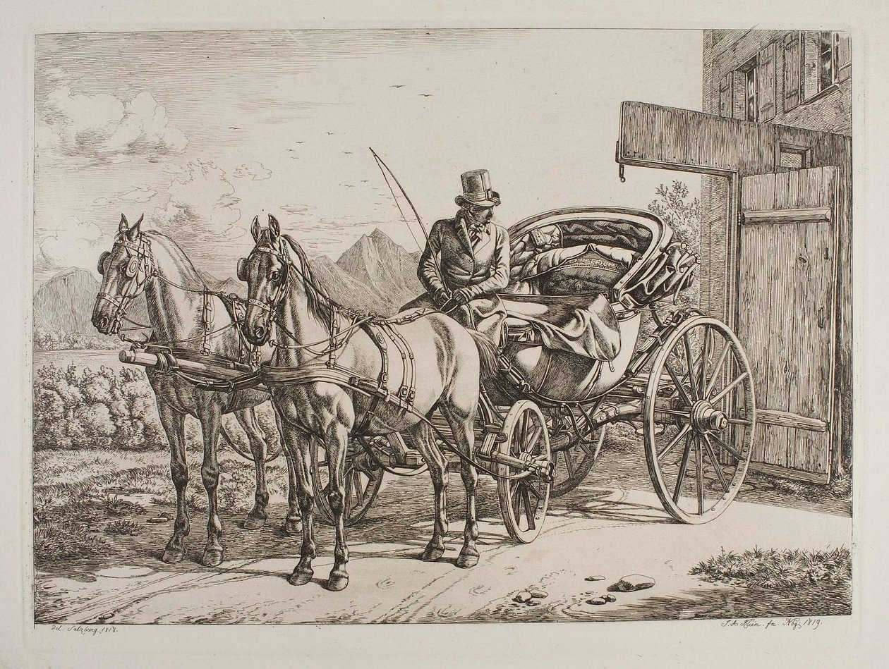 Dwa konie zaprzęgnięte do luksusowej bryczki autorstwa Johann Adam Klein