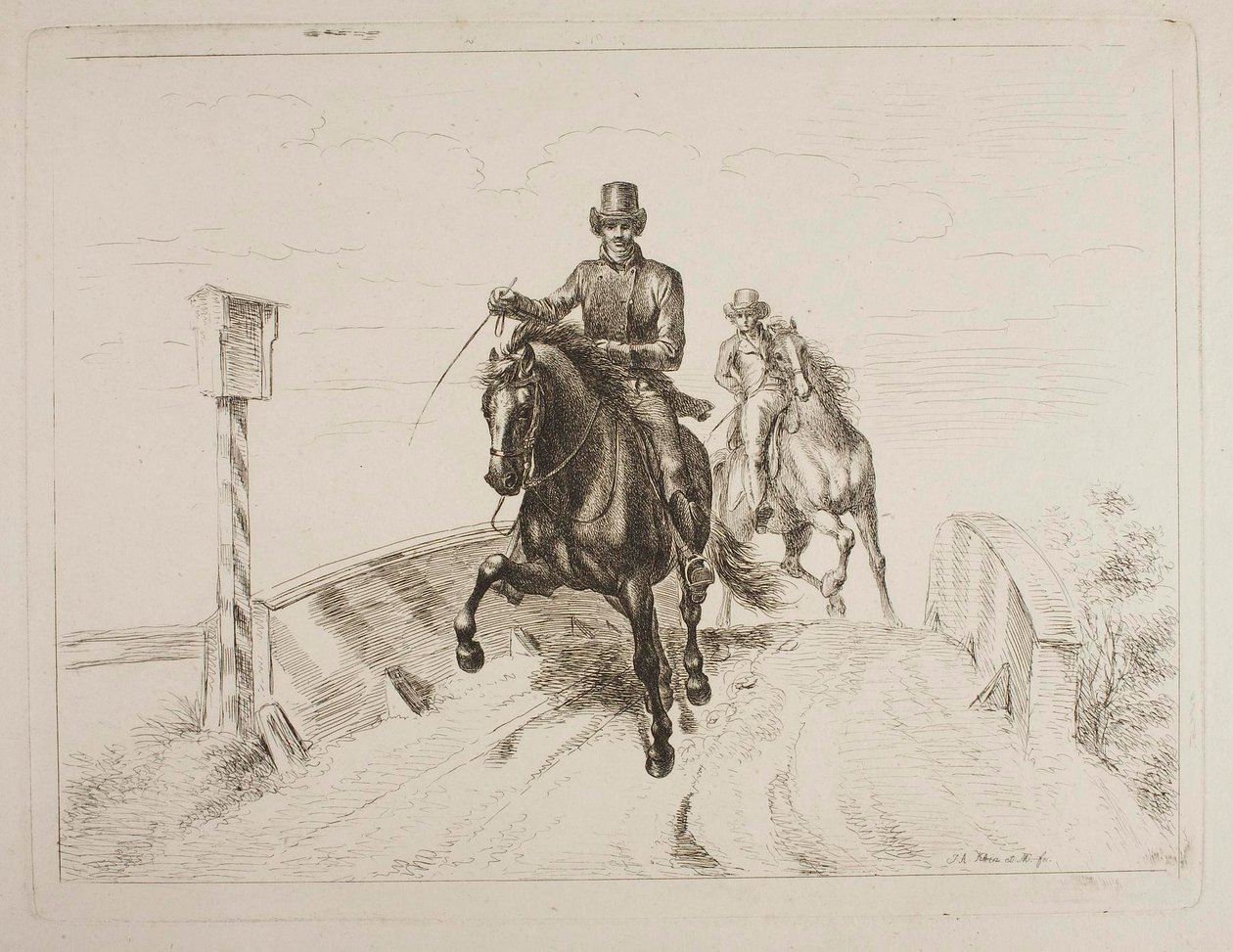 Dwóch jeźdźców pędzących galopem po moście autorstwa Johann Adam Klein