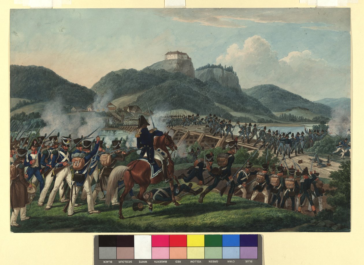 Przeprawa wojsk austriackich pod dowództwem barona Hillera w pobliżu Hollenburga nad Drawą 19 września 1813 autorstwa Johann Adam Klein