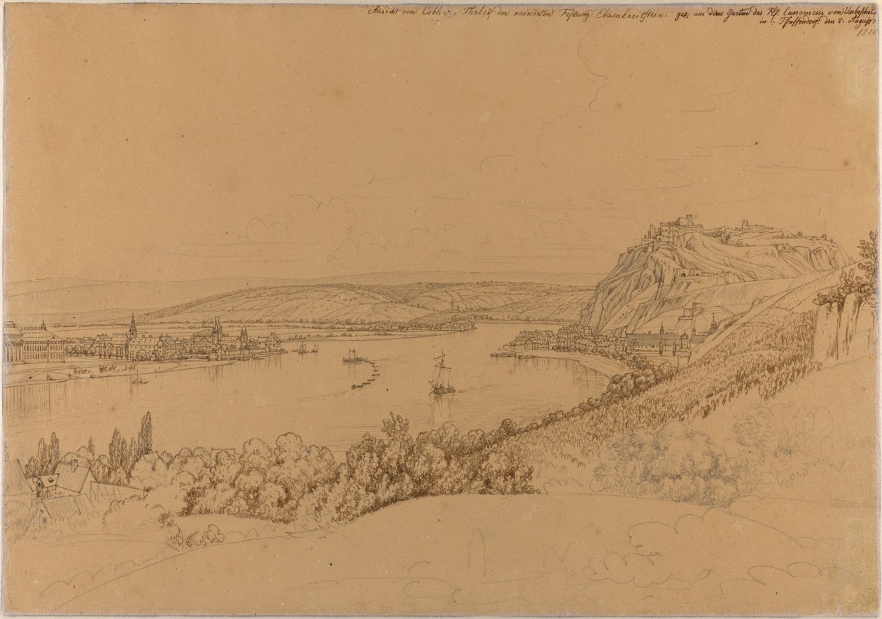Widok Koblencji z Renem i twierdzą Ehrenbreitstein (recto); Widok zamku w Heidelbergu (verso) autorstwa Johann Adam Klein