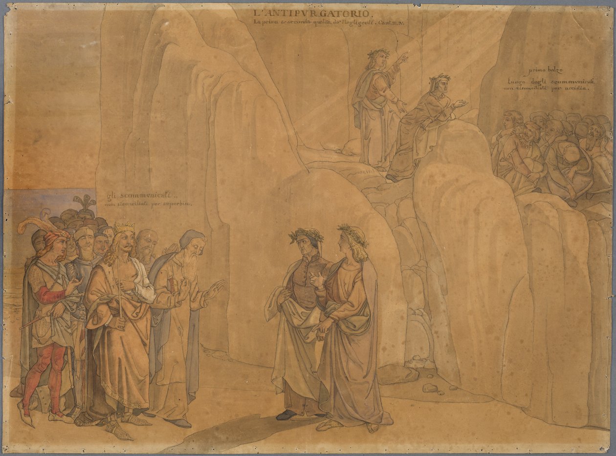 Dante trifft Manfred, den ehemaligen König von Apulien und Sizilien, an einer Felswand, der sich ihm zu erkennen gibt und Verschiedenes mitteilt; oben auf dem Felsen sehen sie die kirchlich Verbannten Buße tun autorstwa Johann Anton Ramboux