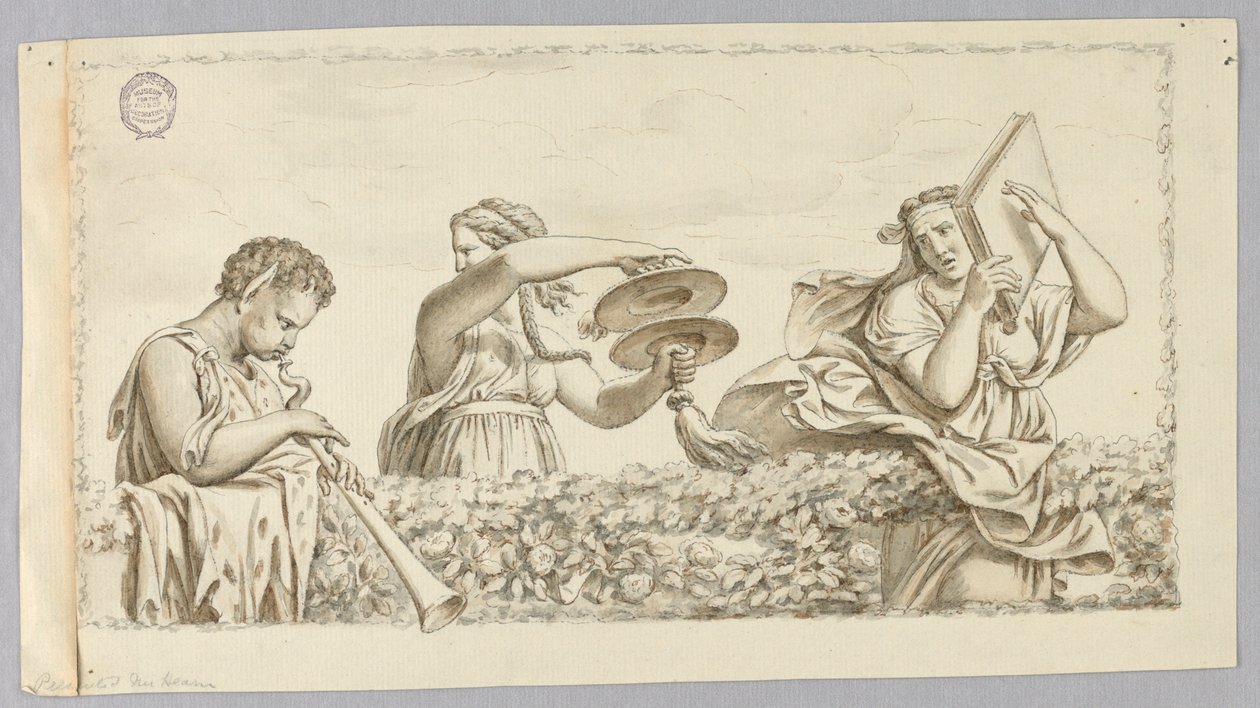 Satyr grający na flecie, dziewczyna z cymbałami, kobieta z książką autorstwa Johann August Nahl the Younger