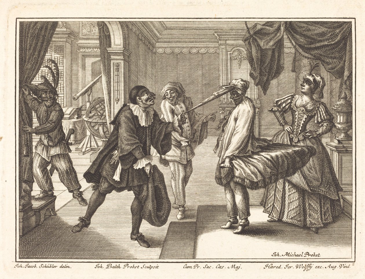 Arlekin w domu doktora Polovarda autorstwa Johann Balthasar Probst after Johann Jacob Schübler