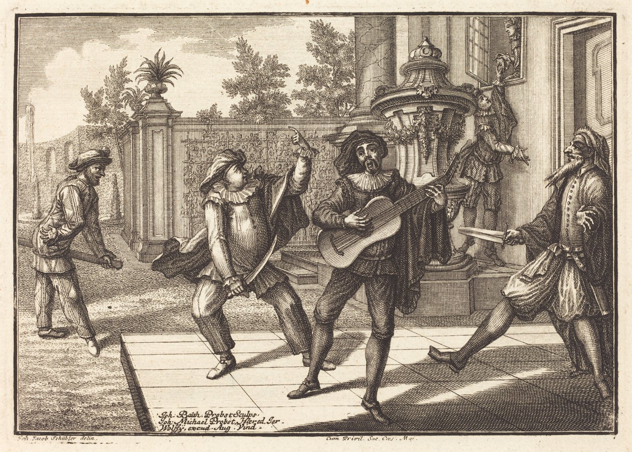 Scaramouche rozprasza Pantalona autorstwa Johann Balthasar Probst after Johann Jacob Schübler